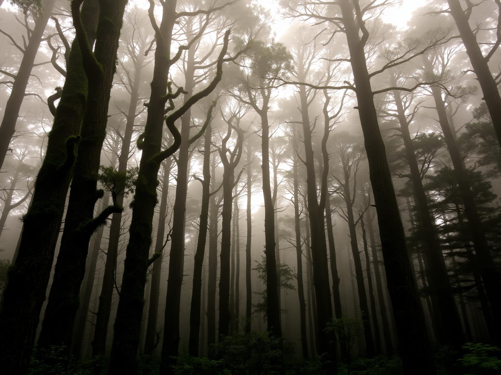 Mist drifting through a stand of native New Zealand totara trees at dawn
